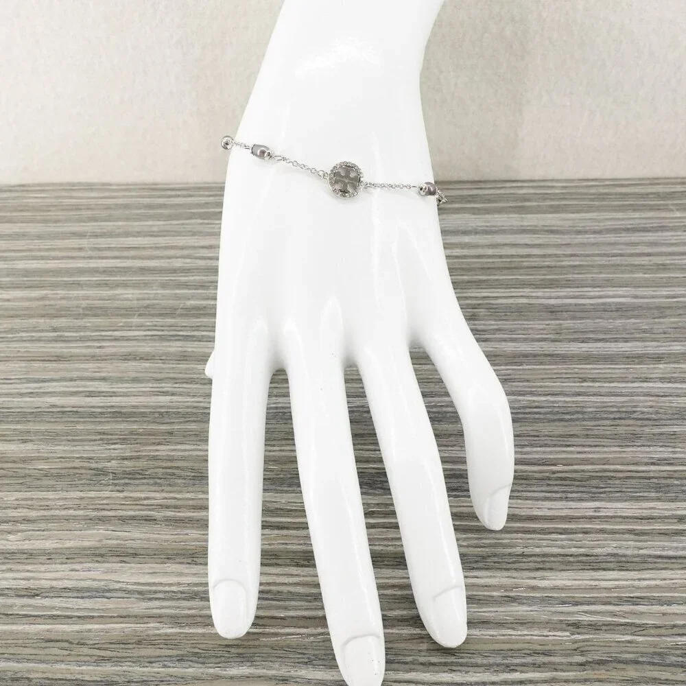 Tory Burch Miller Pave Logo Cultured Pearls Bracelet Silver OS